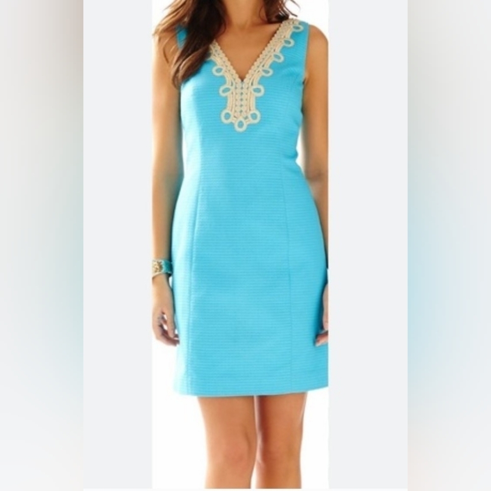 Lilly Pulitzer Bentley Serulean Blue Gold Mettallic Shift Dress Size 00.